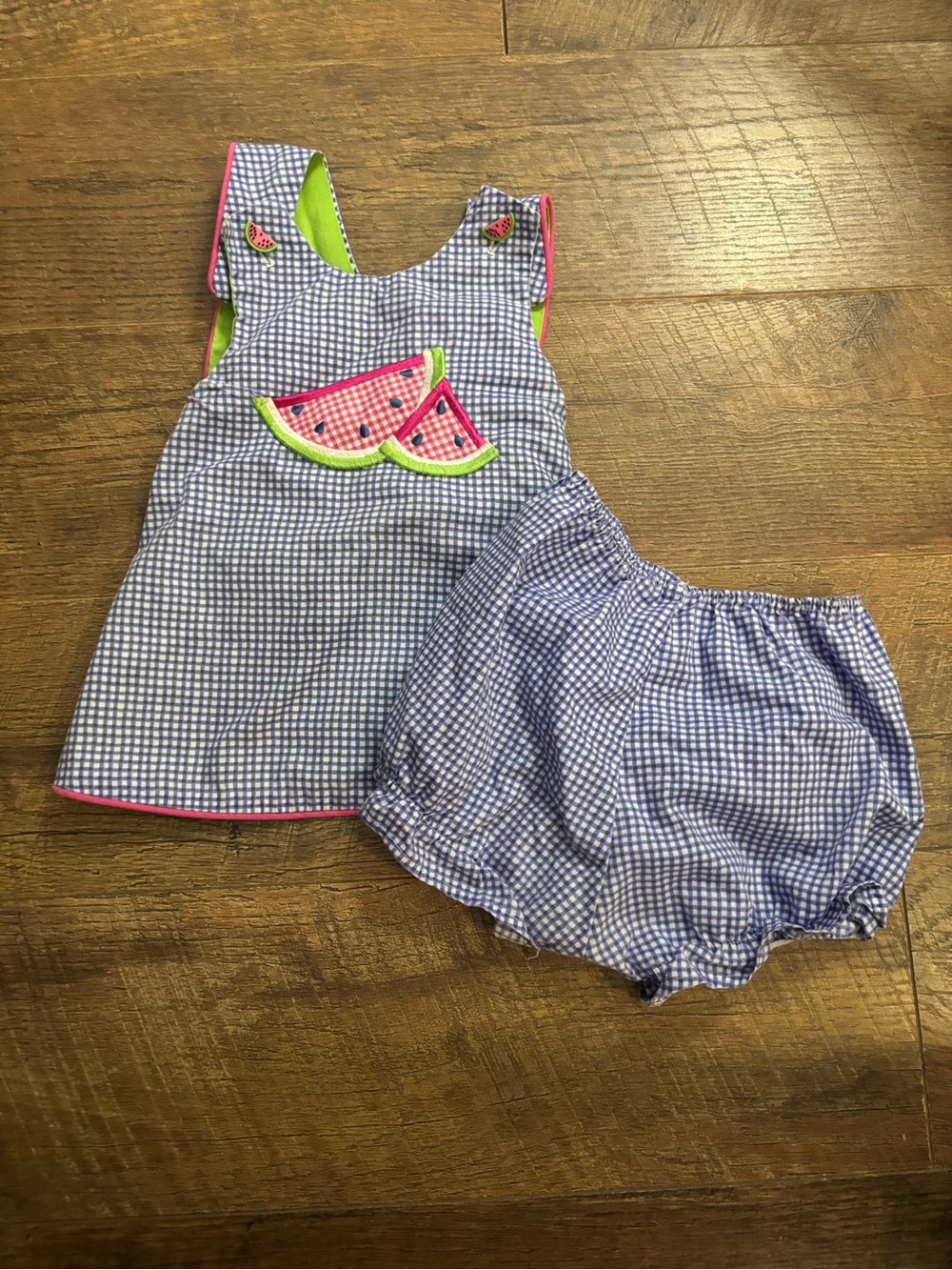 Blue Gingham Watermelon Appliqué Dress & Bloomers - Kids